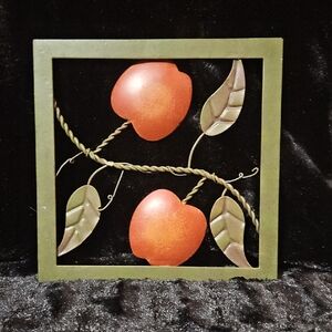 Antique Metal Trivet/Wall Decor - Apple/Leaf Design - 8" x 8" Square